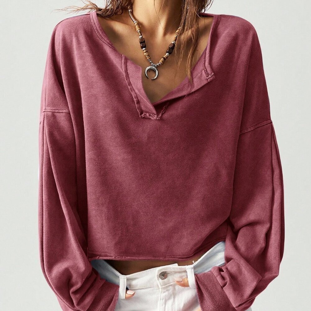 Burgundy Casual Women's V-Neck Long Sleeve Cropped Sweatshirt - Picture 1 of 9